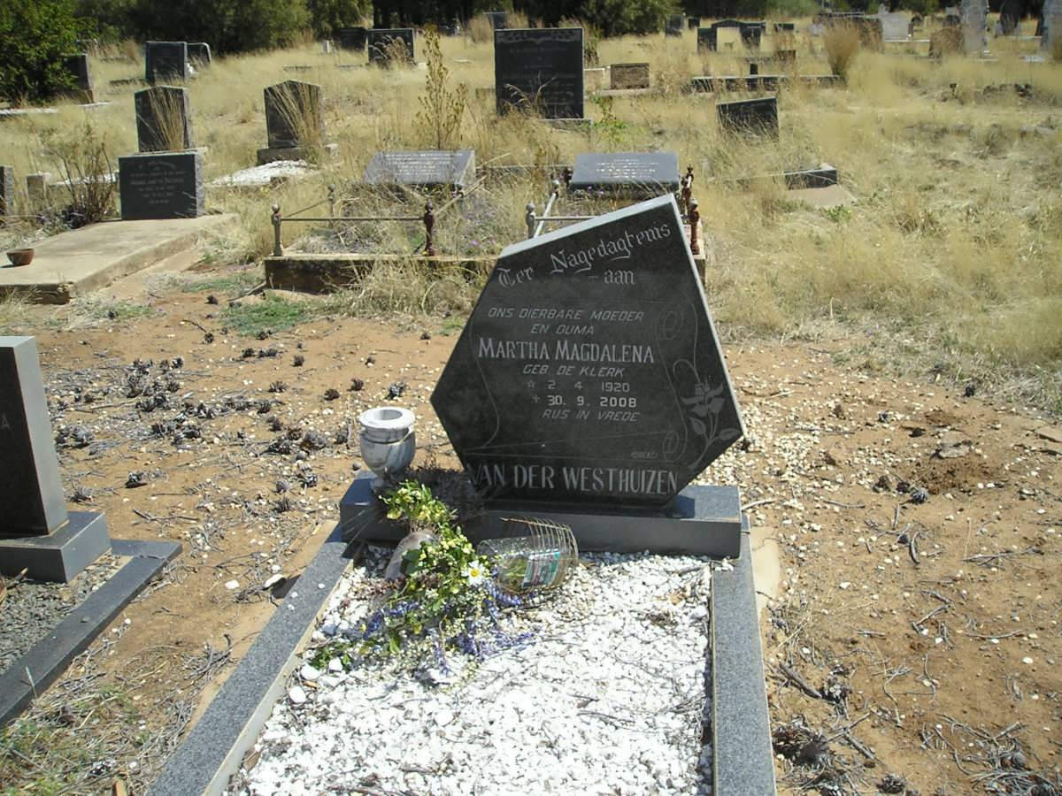 WESTHUIZEN Martha Magdalena, van der nee DE KLERK 1920-2008
