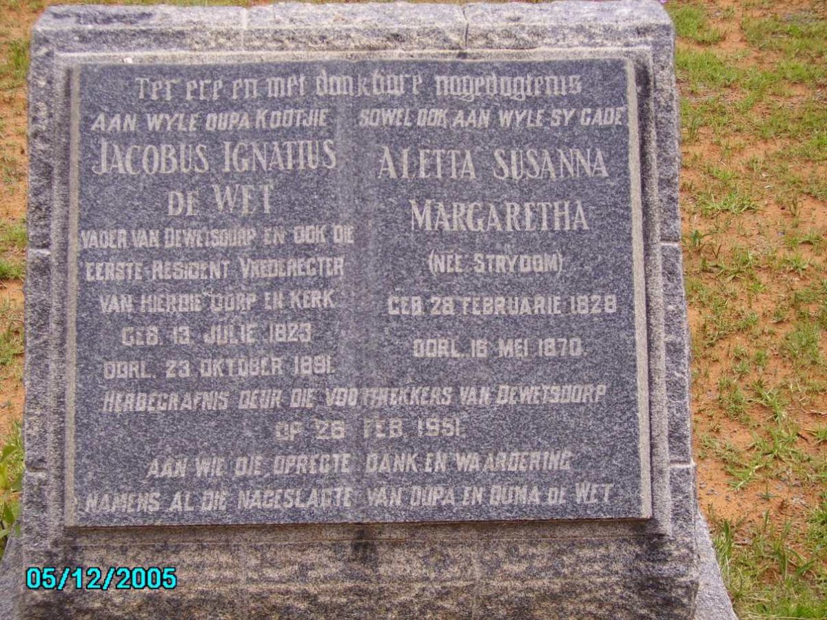 WET Jacobus Ignatius, de 1823-1891 &amp; Aletta Susanna Margaretha STRYDOM 1828-1870