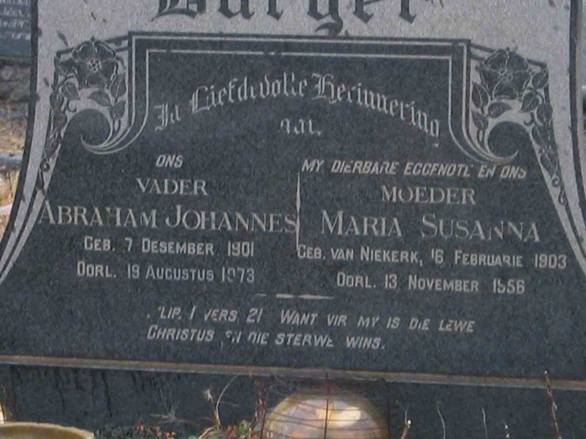 BURGER Abraham Johannes 1901-1973 &amp; Maria Susanna van NIEKERK 1903-1956