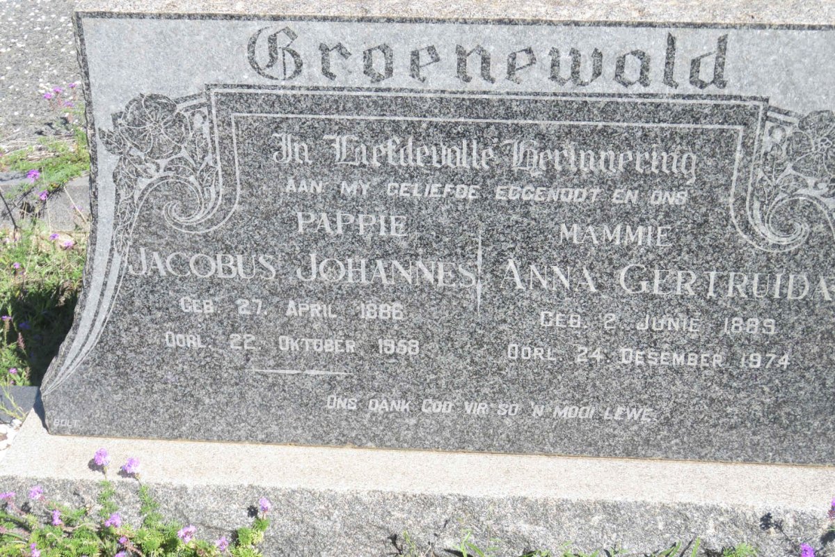 GROENEWALD Jacobus Johannes 1886-1958 &amp; Anna Gertruida 1889-1974
