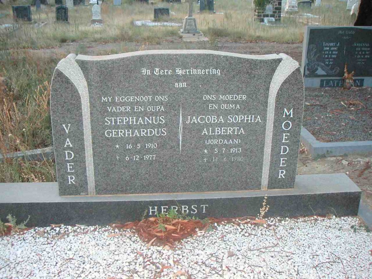 HERBST Stephanus Gerhardus 1910-1977 &amp; Jacoba Sophia Alberta JORDAAN 1913-1980