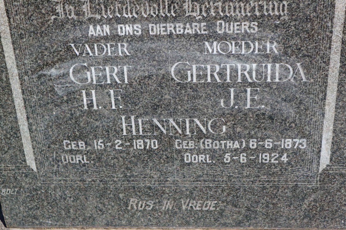 HENNING Gert H.F. 1870- &amp; Gertruida J.E. BOTHA 1873-1924