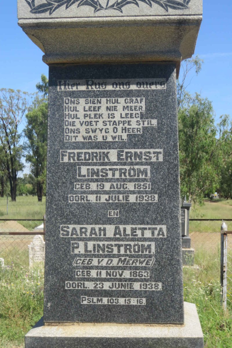 LINSTRÖM Fredrik Ernst 1851-1938 &amp; Sarah Aletta P. v.d. MERWE 1863-1938