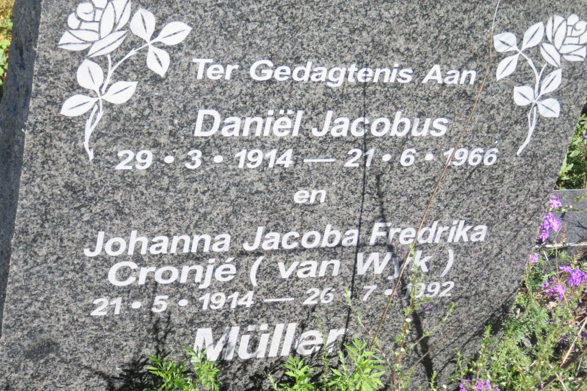 MULLER Daniel Jacobus 1914-1966 &amp; Johanna Jacoba Fredrika voorheen CRONJE nee VAN WYK 1914-1992