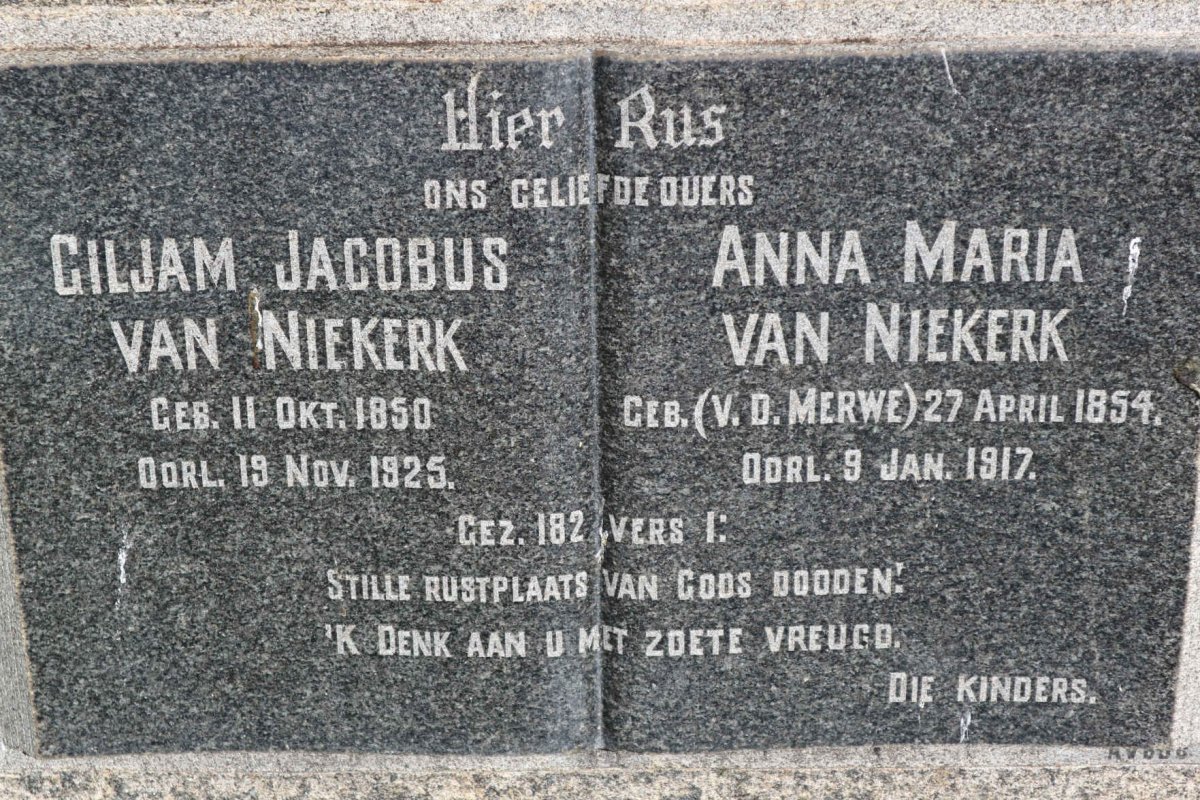 NIEKERK Giljam Jacobus, van 1850-1925 &amp; Anna Maria V.D. MERWE 1854-1917