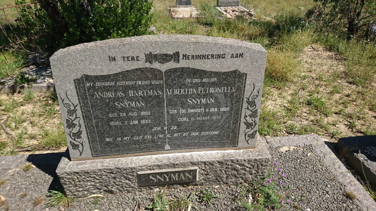SNYMAN Andreas Hartman 1882-1952 &amp; Albertha Petronella DE SWARDT 1888-1970