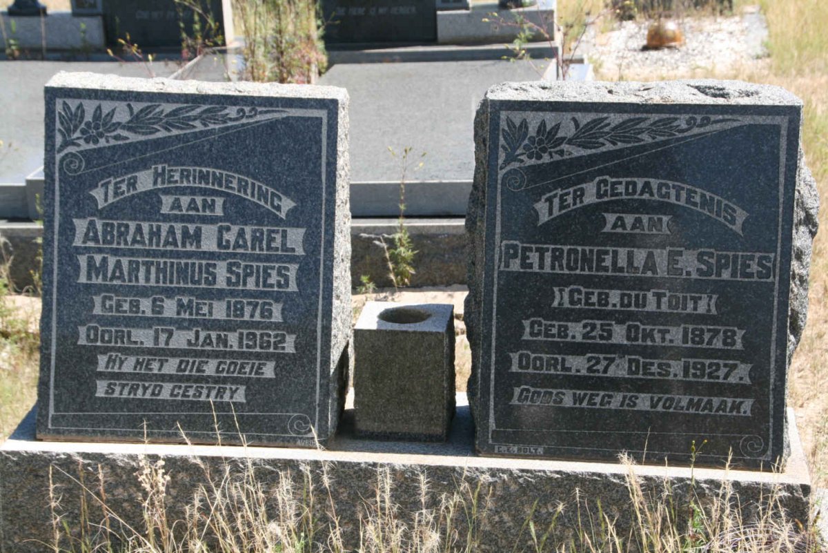 SPIES Abraham Carel Marthinus 1876-1962 &amp; Petronella E. DU TOIT 1878-1927