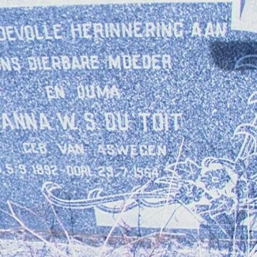 TOIT Christoffel F., du 1883-1961 &amp; Anna W.S. VAN ASWEGEN 1892-1964
