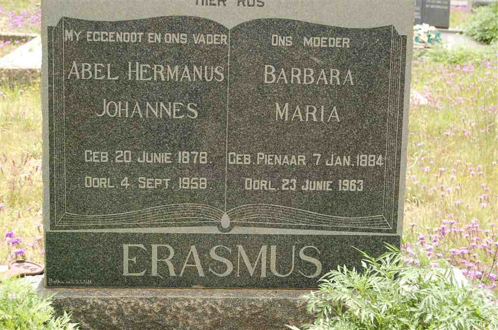 ERASMUS Abel Hermanus Johannes 1878-1958 &amp; Barbara Maria PIENAAR 1884-1963