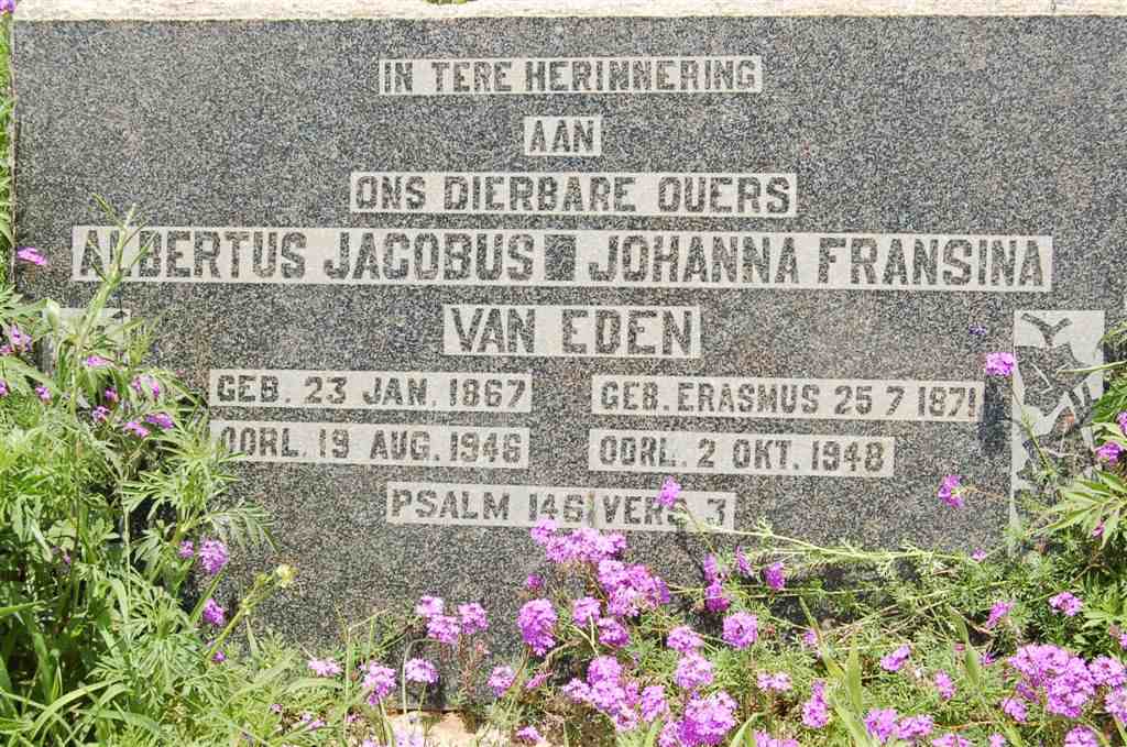 EDEN Albertus Jacobus, van 1867- 1946 &amp; Johanna Fransina ERASMUS 1871-1948