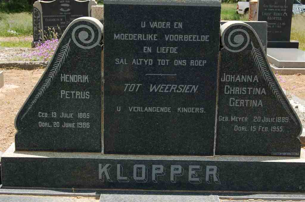KLOPPER Hendrik Petrus 1885-1986 &amp; Johanna Christina Gertina MEYER 1889-1955