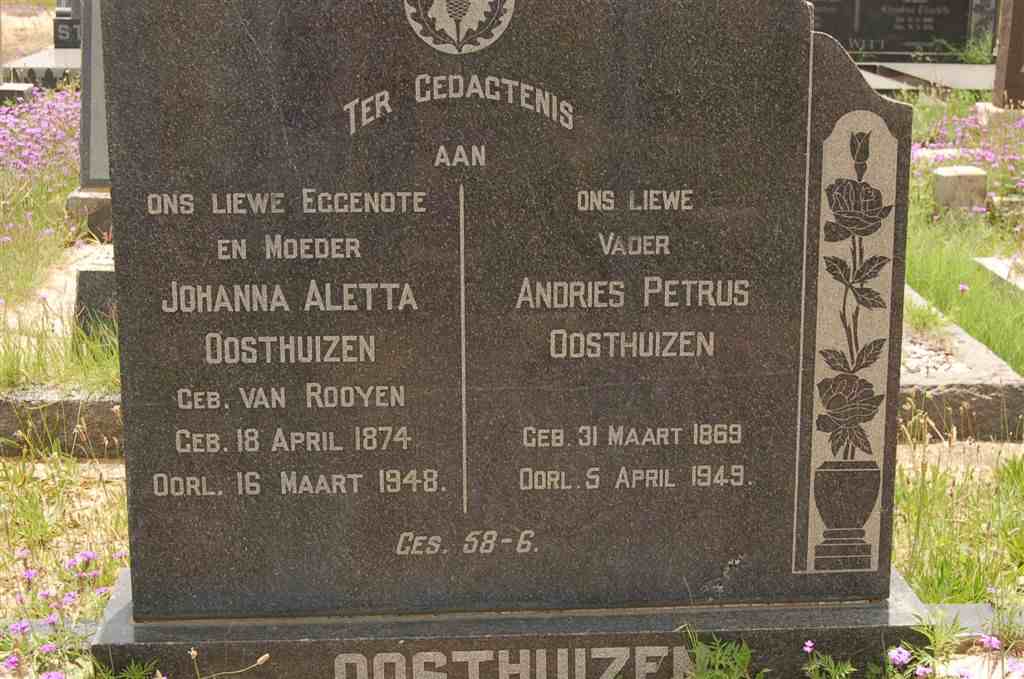 OOSTHUIZEN Andries Petrus 1869-1949 &amp; Johanna Aletta VAN ROOYEN 1874-1948