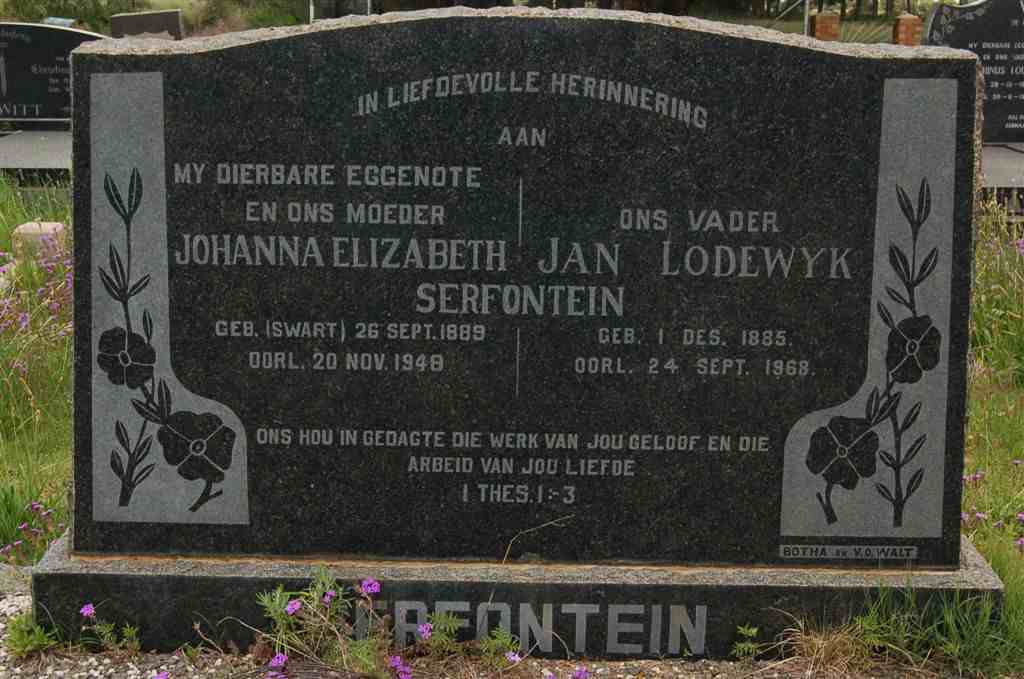 SERFONTEIN Jan Lodewyk 1885-1968 &amp; Johanna Elizabeth SWART 1889-1948