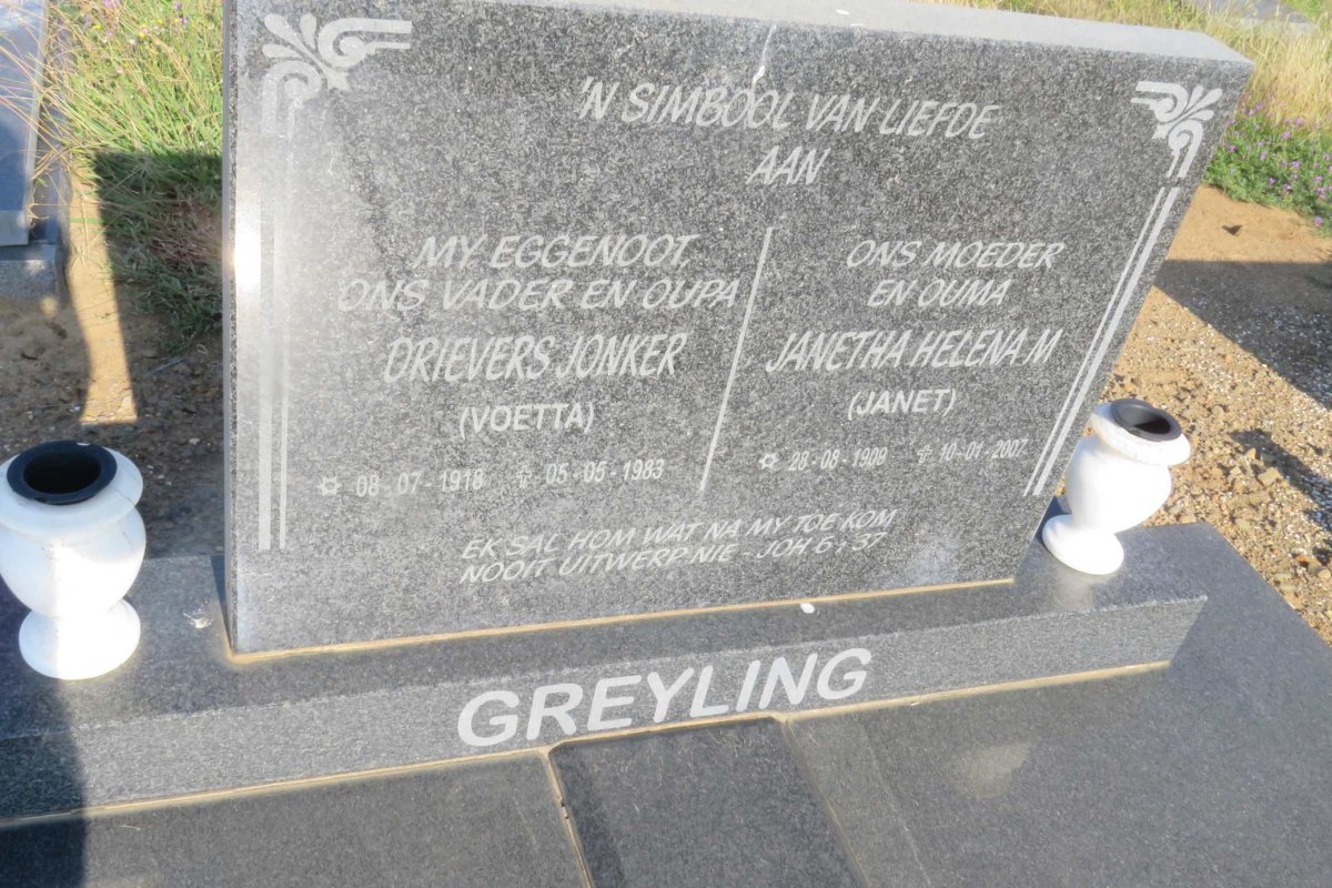 GREYLING Drievers Jonker 1918-1983 &amp; Janetha Helena M. 1909-2007
