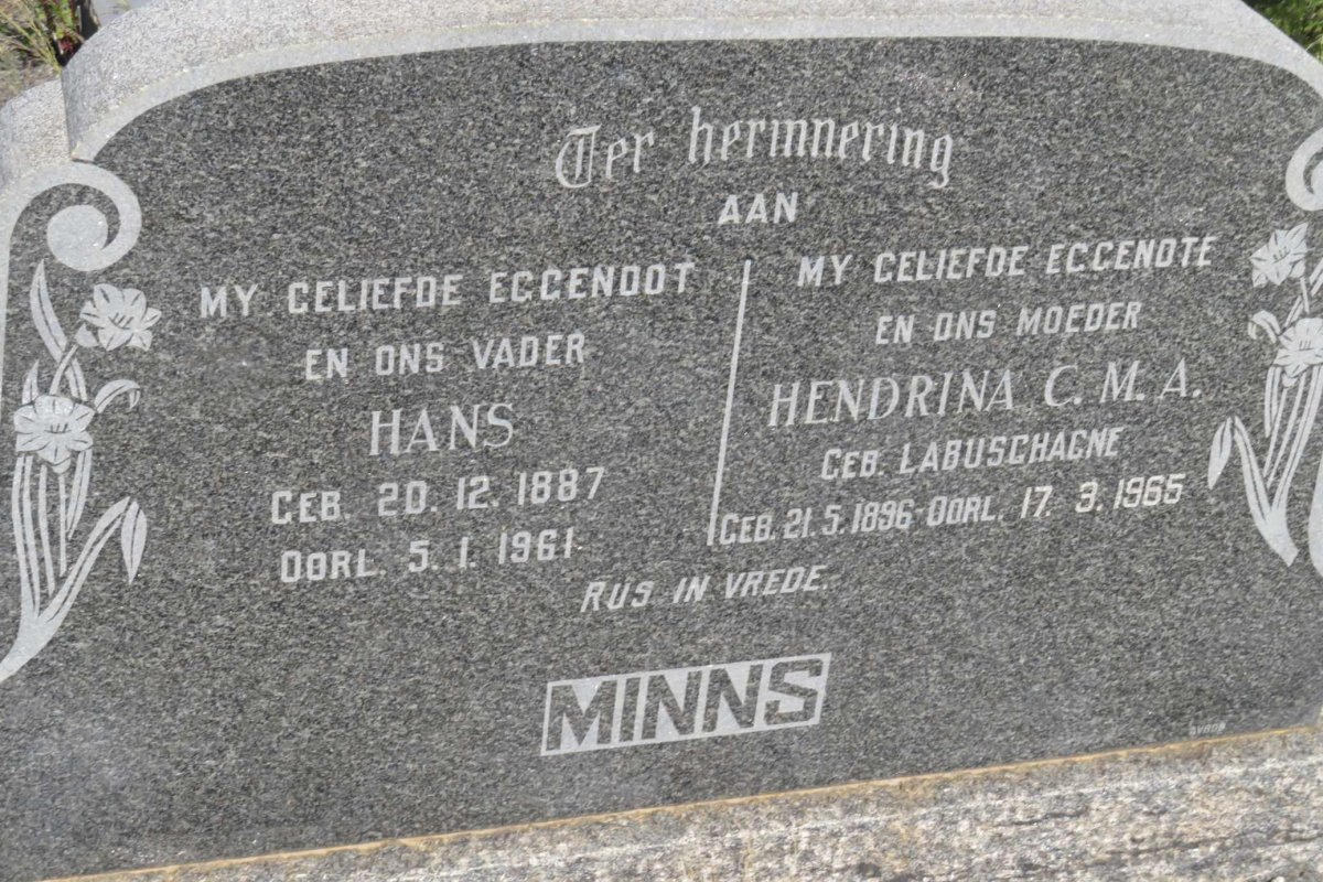 MINNS Hans 1887-1961 &amp; Hendrina C.M.A. LABUSCHAGNE 1896-1965