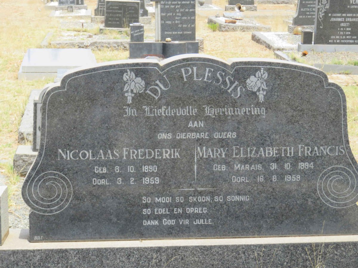 PLESSIS Nicolaas Frederik, du 1890-1959 &amp; Mary Elizabeth Francis MARAIS 1894-1958