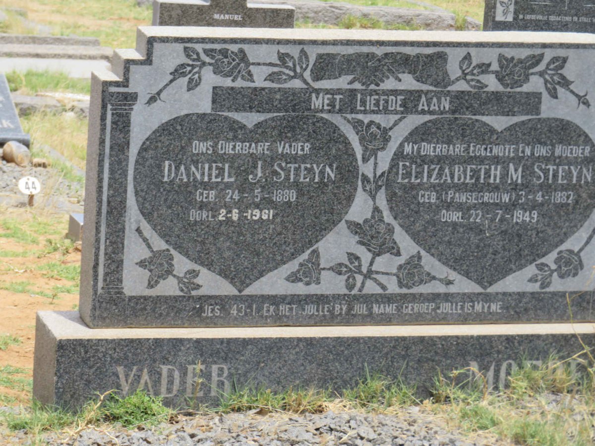 STEYN Daniel J. 1880-1961 &amp; Elizabeth M. PANSEGROUW 1882-1949