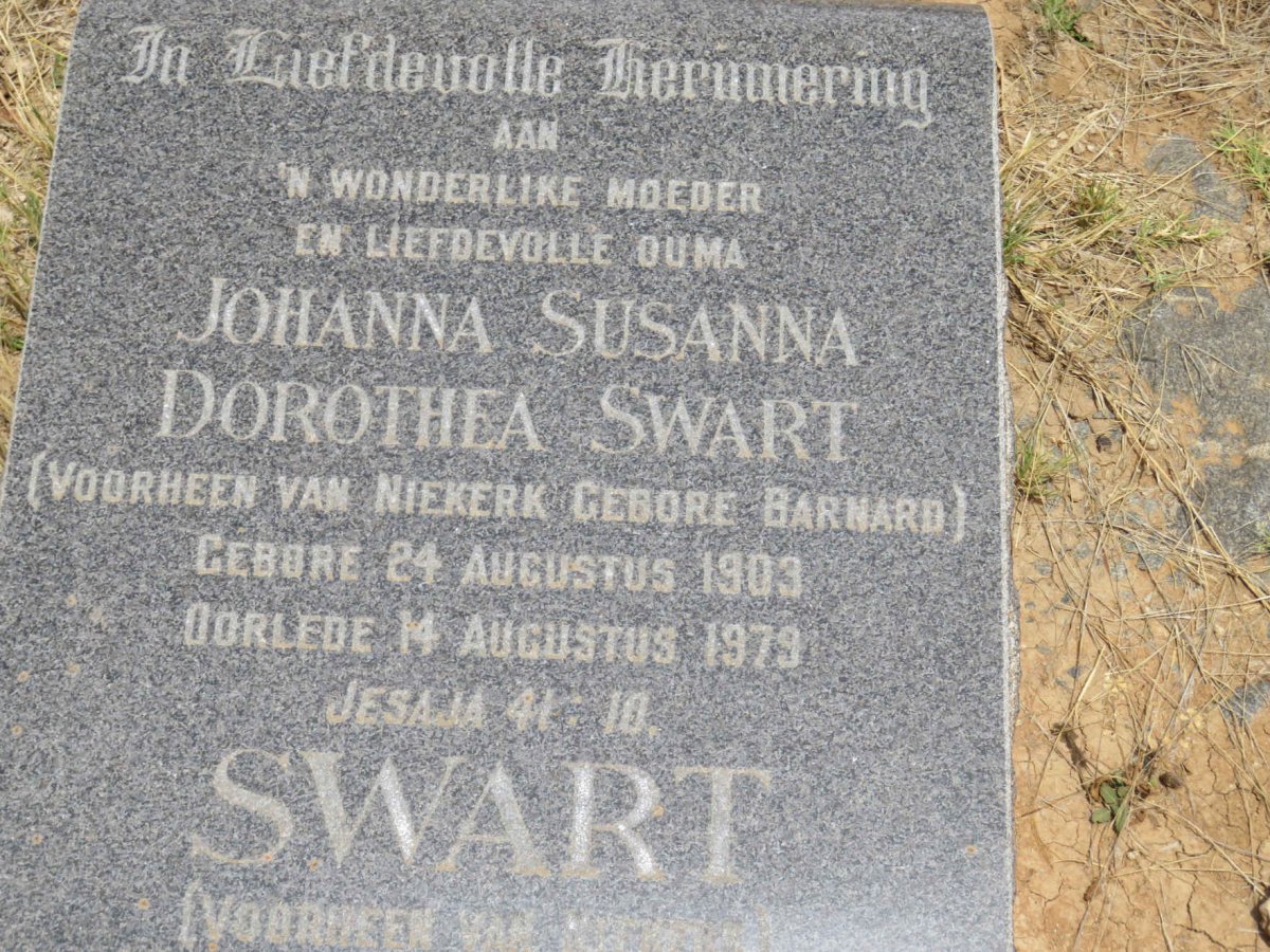 SWART Johanna Susanna Dorothea voorheen VAN NIEKERK nee BARNARD 1903-1979