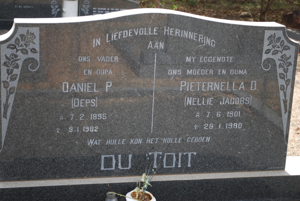 TOIT Daniel P., du 1895-1982 &amp; Pieternella D. JACOBS 1901-1980