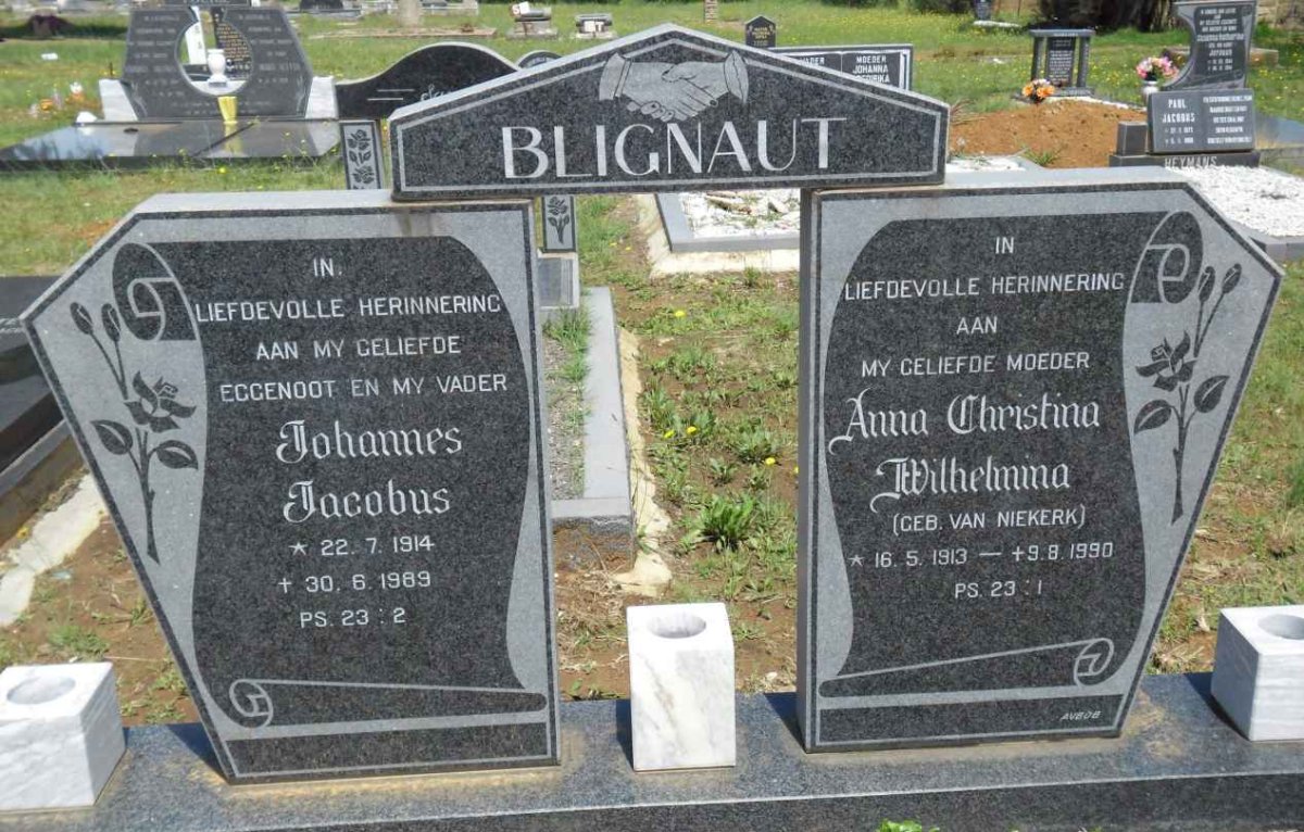 BLIGNAUT Johannes Jacobus 1914-1989 &amp; Anna Christina Wilhelmina VAN NIEKERK 1913-1990