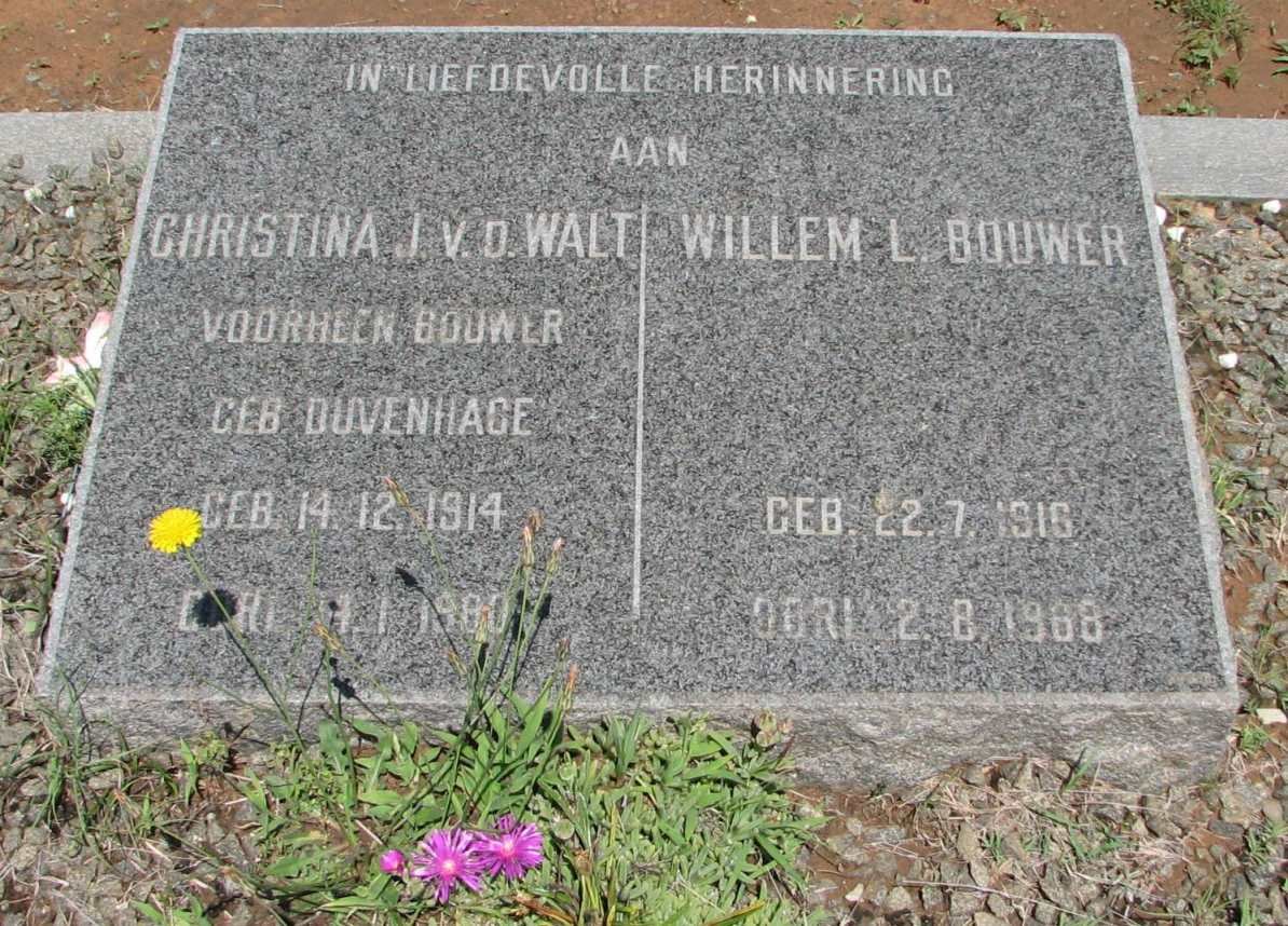 BOUWER Willem L. 1916-1968 &amp; Christina J. V.D. WALT previously BOUWER nee DUVENHAGE 1914-1980