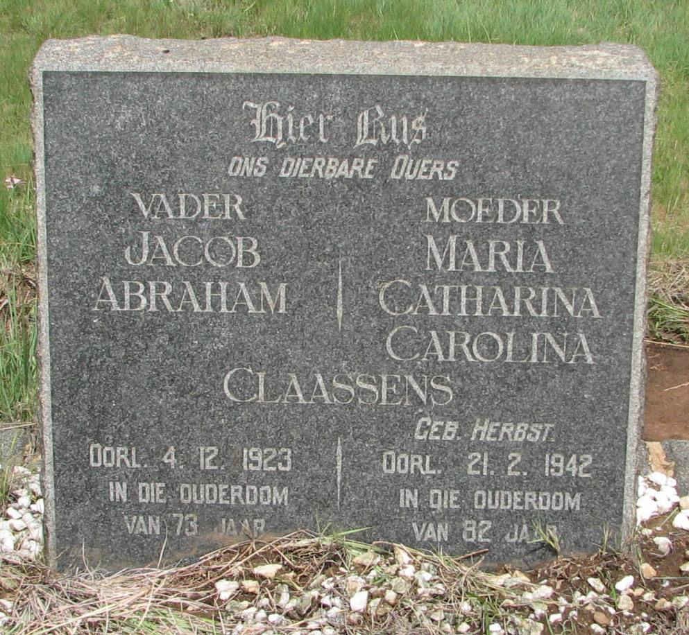 CLAASSENS Jacob Abraham -1923 &amp; Maria Catharina Carolina HERBST -1942