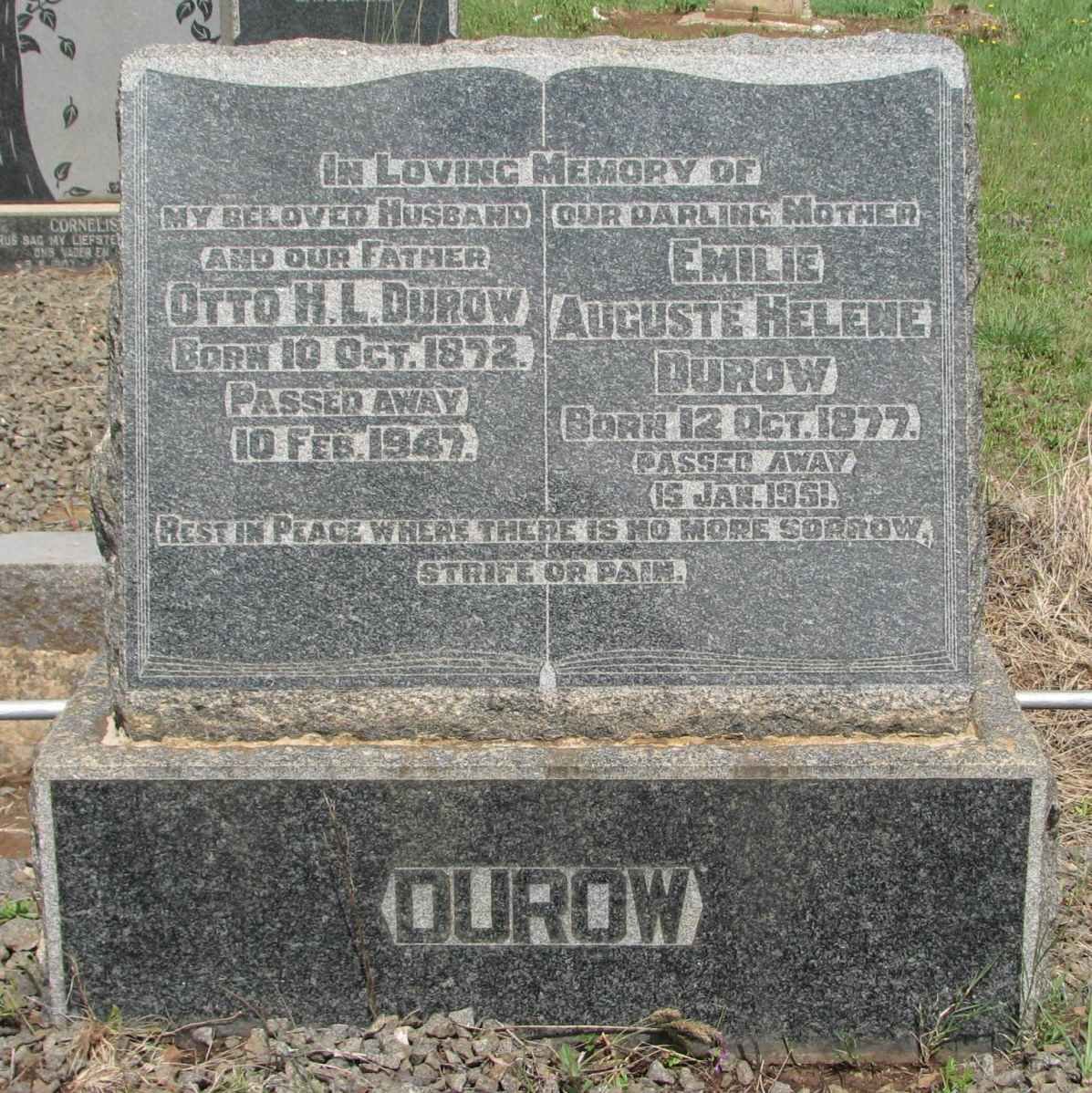DUROW Otto H.L. 1872-1947 &amp; Emilie Auguste Helene 1877-1951
