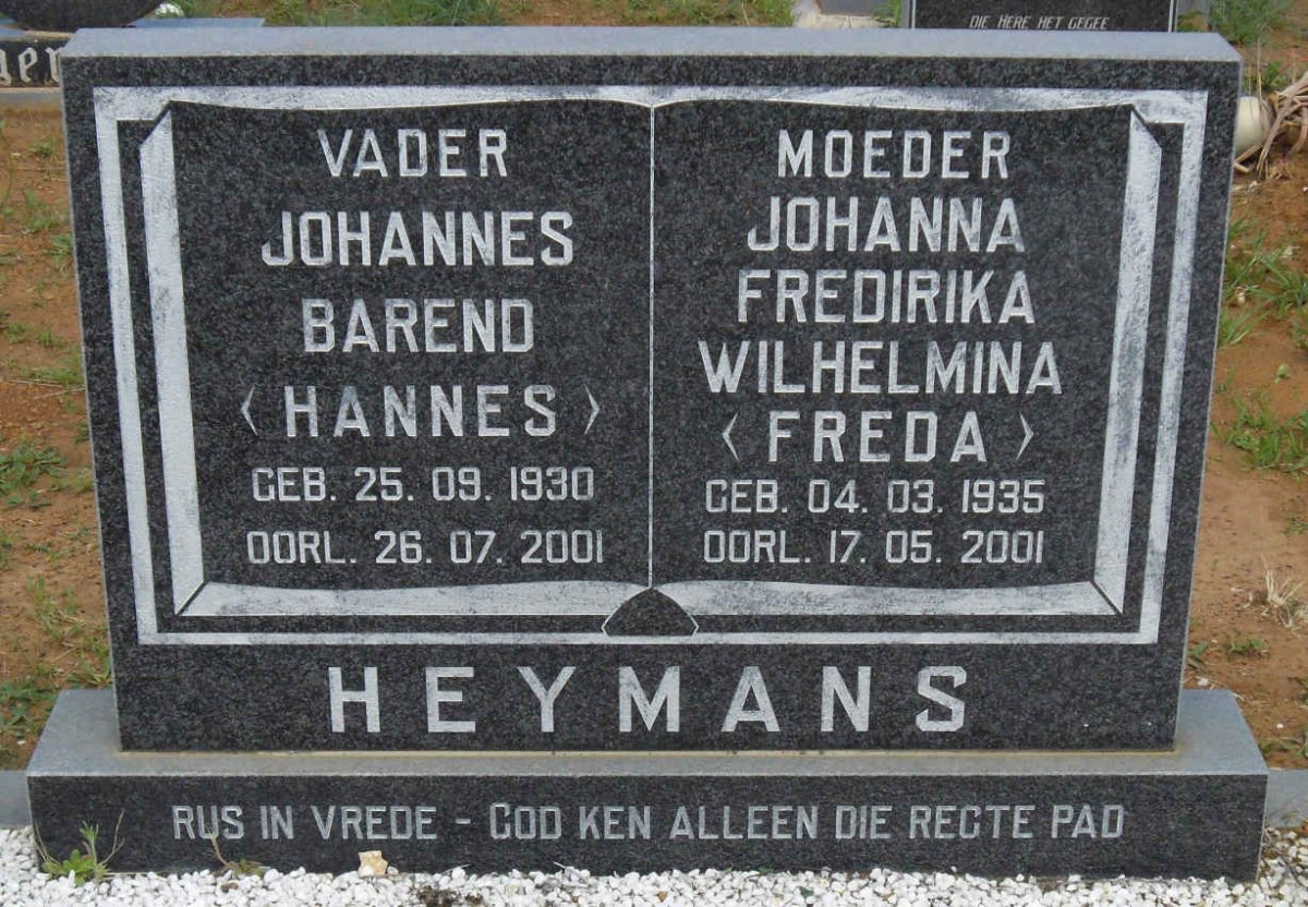 HEYMANS Johannes Barend 1930-2001 &amp; Johanna Fredirika Wilhelmina 1935-2001