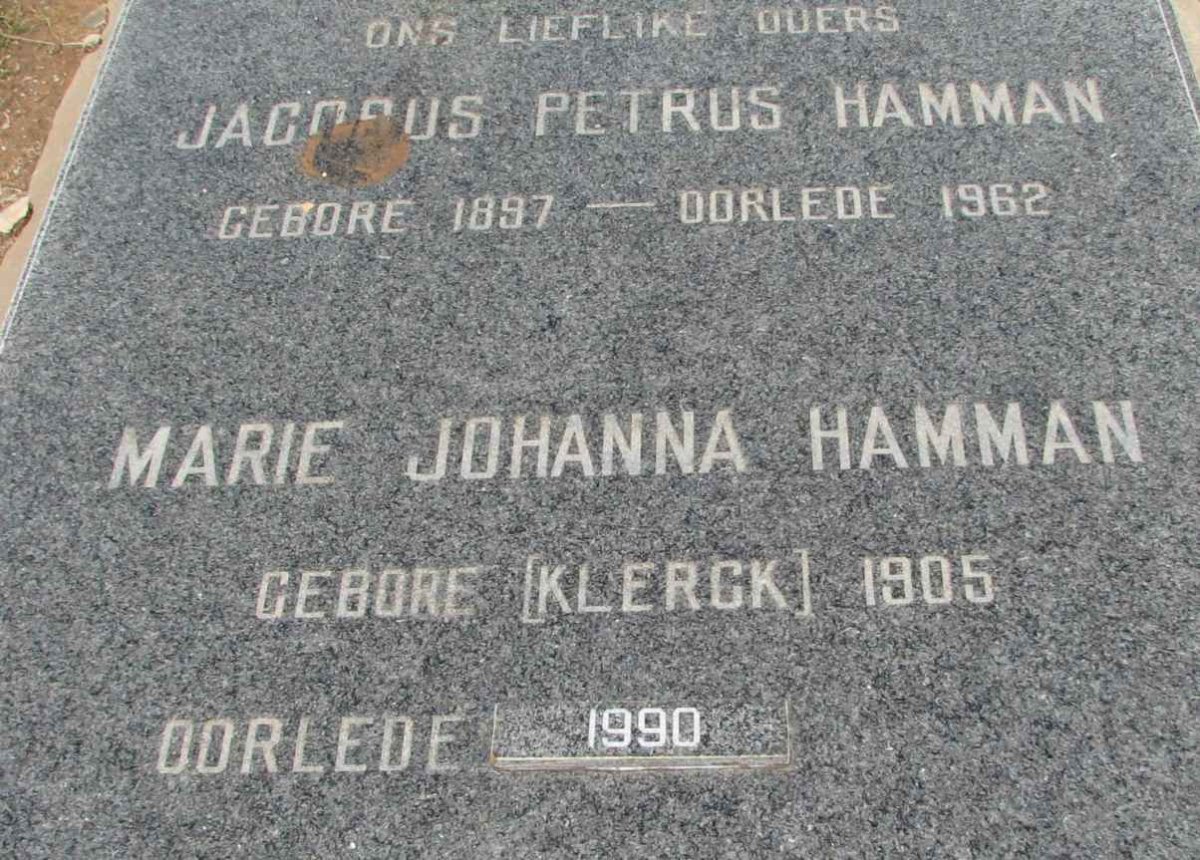 HAMMAN Jacobus Petrus 1897-1962 &amp; Marie Johanna KLERCK 1905-1990