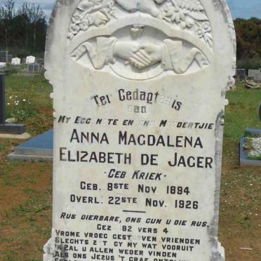 JAGER Anna Magdalena Elizabeth, de nee KRIEK 1894-1926