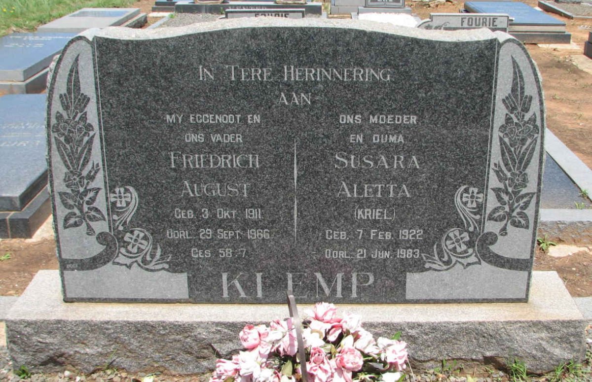 KLEMP Friederich August 1911-1966 &amp; Susara Aletta KRIEL 1922-1983
