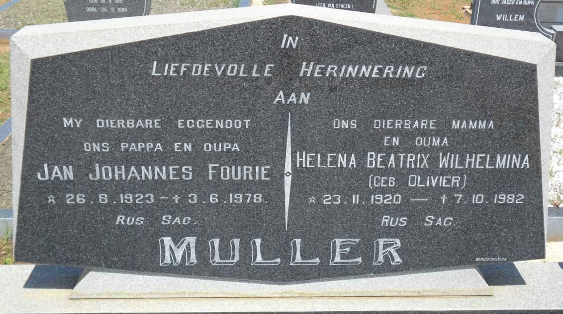 MULLER Jan Johannes Fourie 1923-1978 &amp; Helena Beatrix Wilhelmina OLIVIER 1920-1982