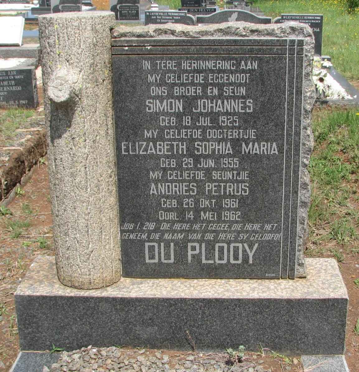 PLOOY Simon Johannes, du 1925-1962 :: PLOOY Elizabeth Sophia Maria, du 1955-1962 :: PLOOY Andries Petrus, du 1961-1962