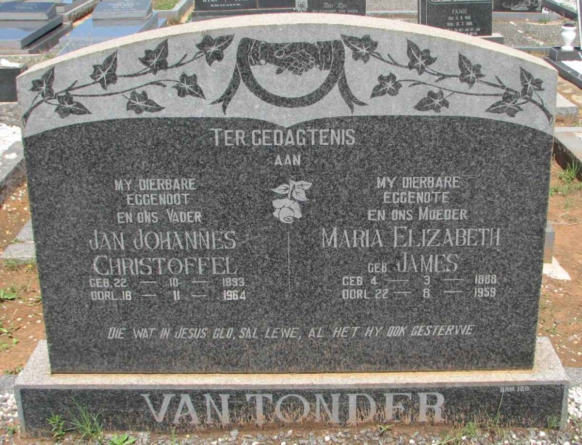 TONDER Jan Johannes Christoffel 1893-1964 &amp; Maria Elizabeth JAMES 1888-1959