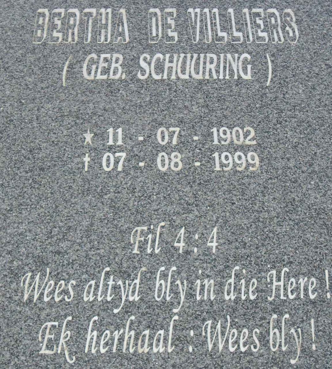 VILLIERS Bertha, de nee SCHUURING 1902-1999