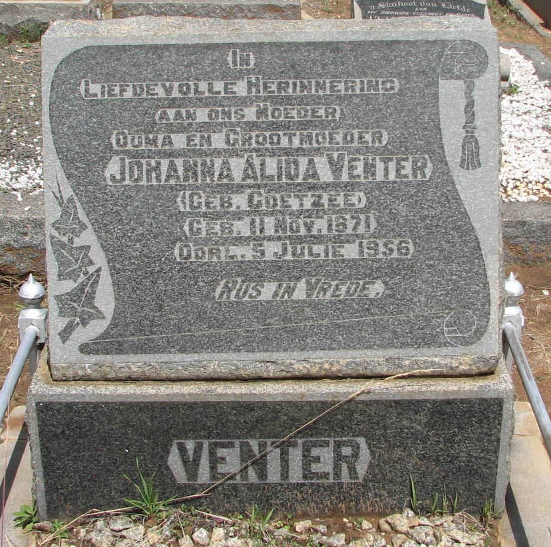 VENTER Johanna Alida nee COETZEE 1871-1956