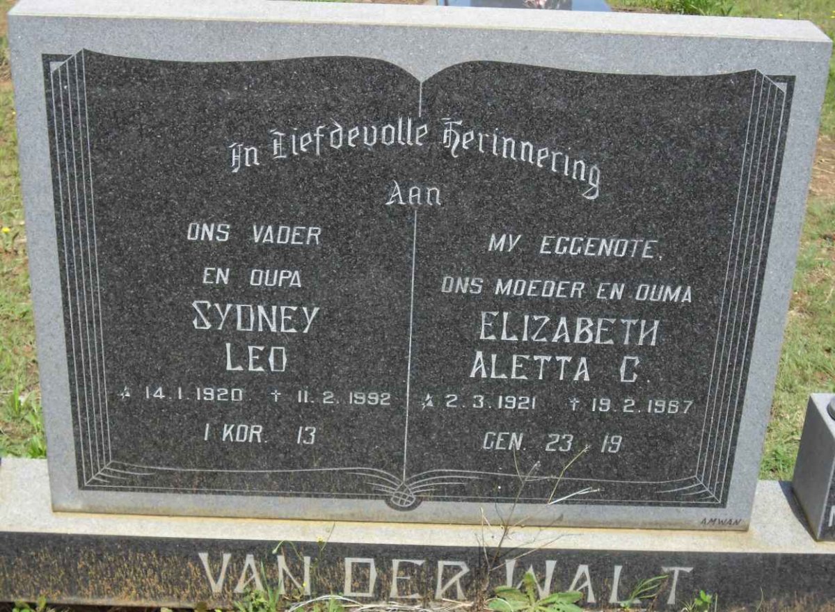 WALT Sydney Leo 1920-1992 &amp; Elizabeth Aletta C. 1921-1987
