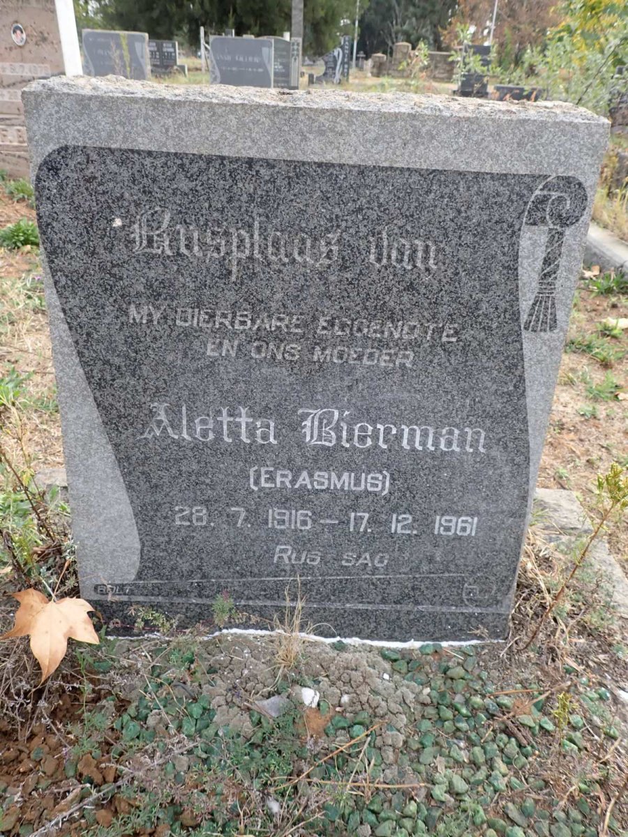 BIERMAN Aletta nee ERASMUS 1916-1961