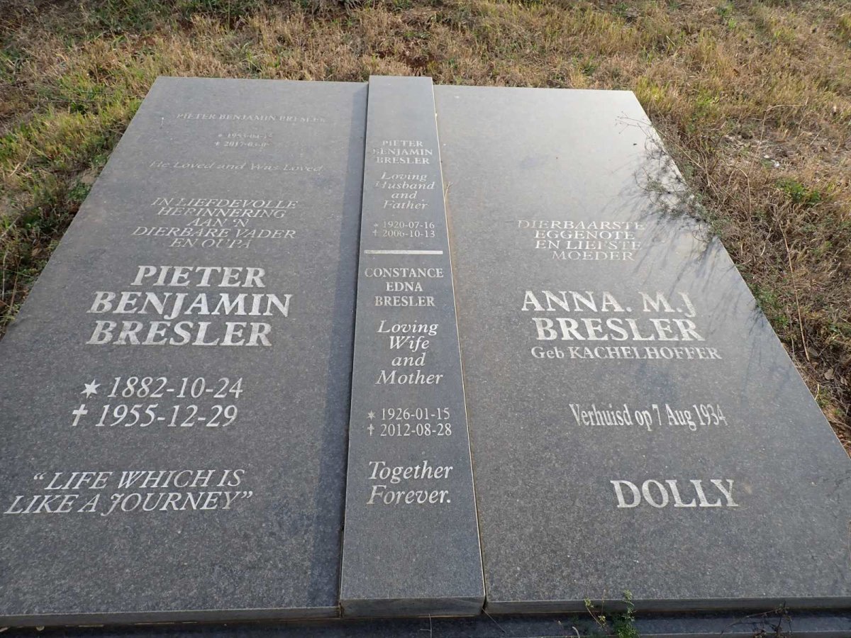 BRESLER Pieter Benjamin 1882-1955 & Anna M.J. KACHELHOFFER -1934 :: BRESLER Pieter Benjamin 1920-2006 & Constance Edna 1926-2012 :: BRESLER Pieter Benjamin 1953-2017