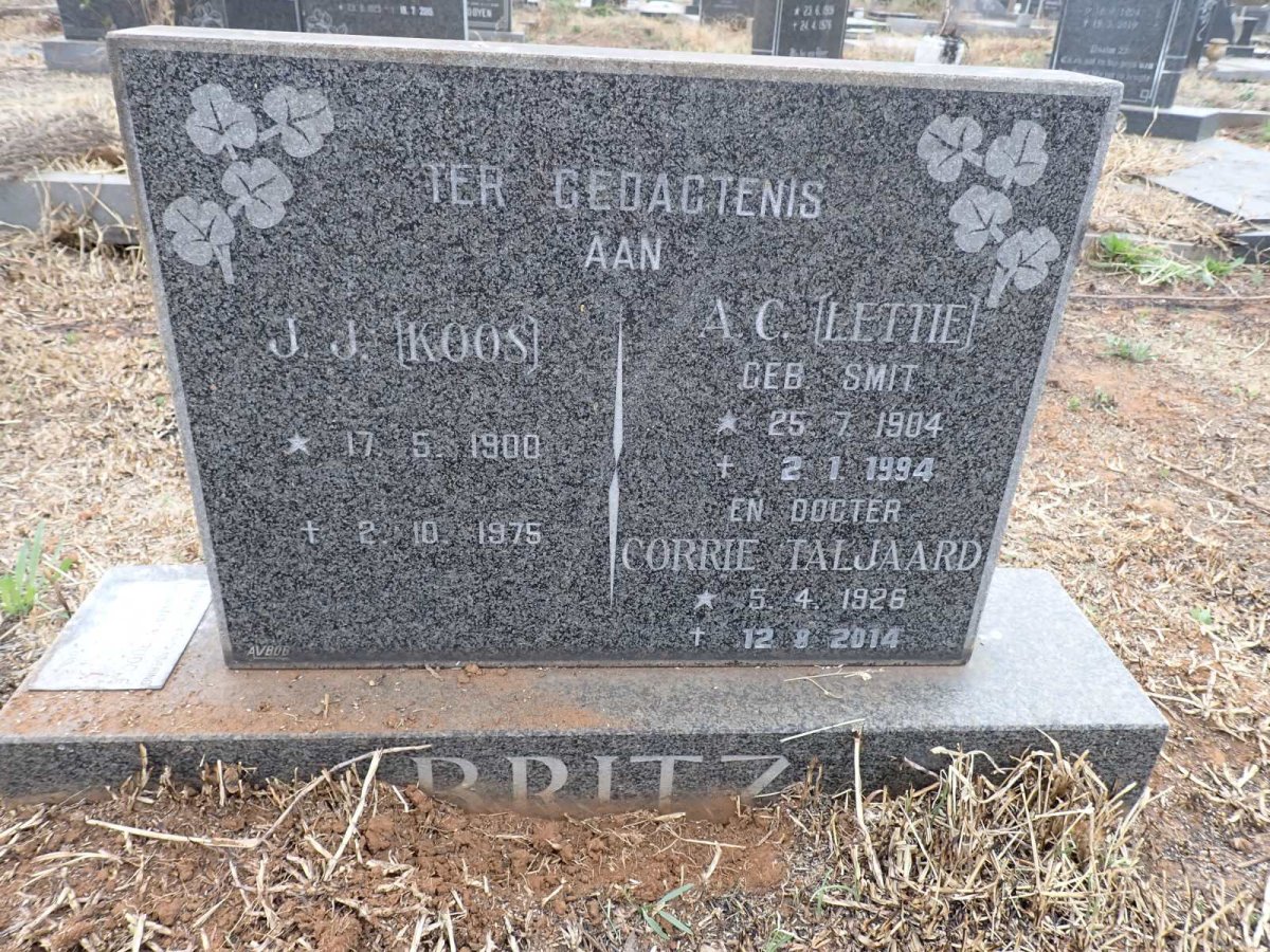 BRITZ J.J. 1900-1975 & A.C. SMIT 1904-1994 :: TALJAARD Corrie 1926-2014