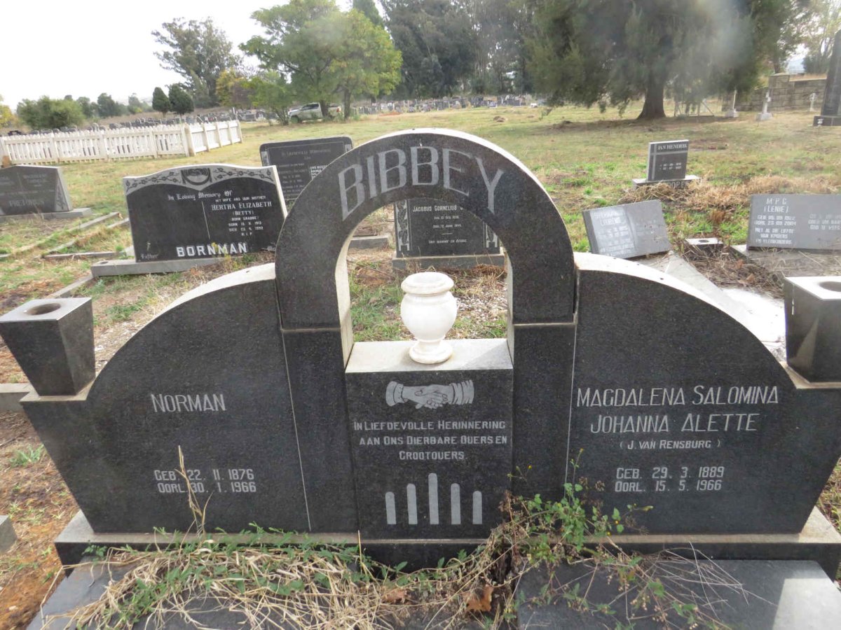 BIBBEY Norman 1876-1966 & Magdalena Salomina Johanna Alette J. VAN RENSBURG 1889-1966