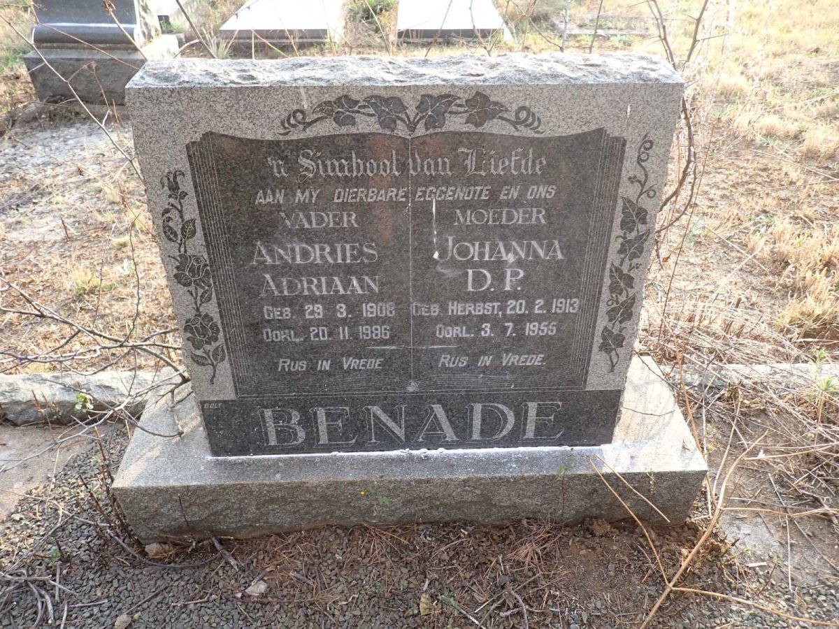 BENADE Andries Adriaan 1908-1986 & Johanna D.P. HERBST 1913-1955