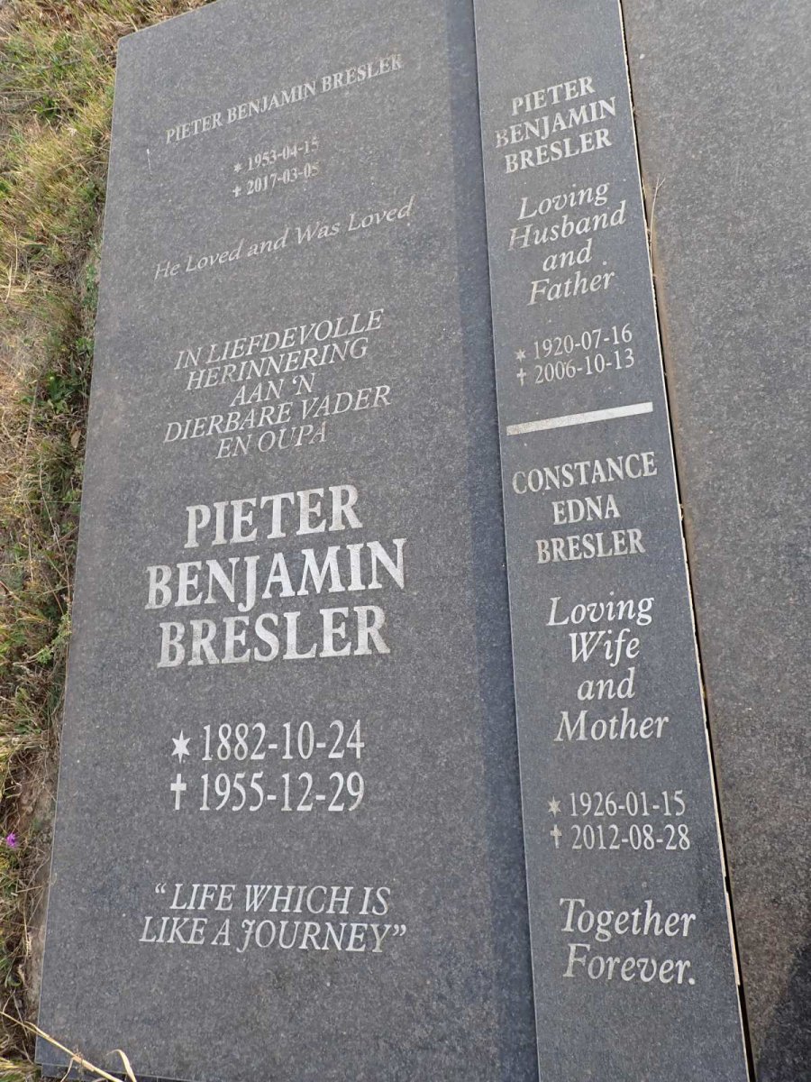 BRESLER Pieter Benjamin 1882-1955 & Anna M.J. KACHELHOFFER -1934 :: BRESLER Pieter Benjamin 1920-2006 & Constance Edna 1926-2012 :: BRESLER Pieter Benjamin 1953-2017