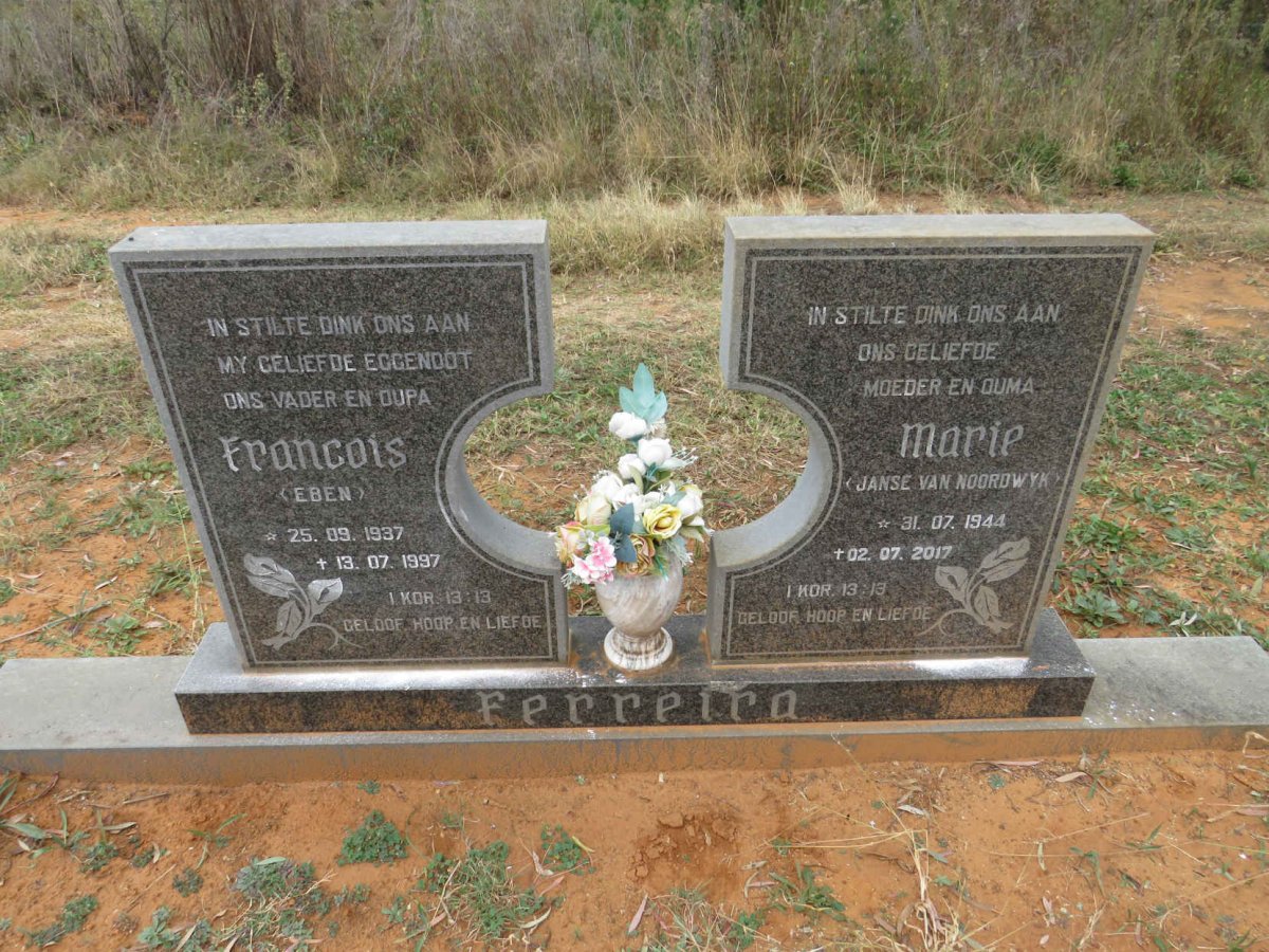 FERREIRA Francois 1937-1997 & Marie JANSE VAN NOORDWYK 1944-2017