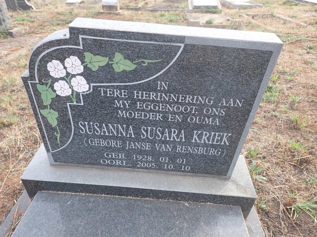 KRIEK Susanna Susara nee JANSE VAN RENSBURG 1928-2005