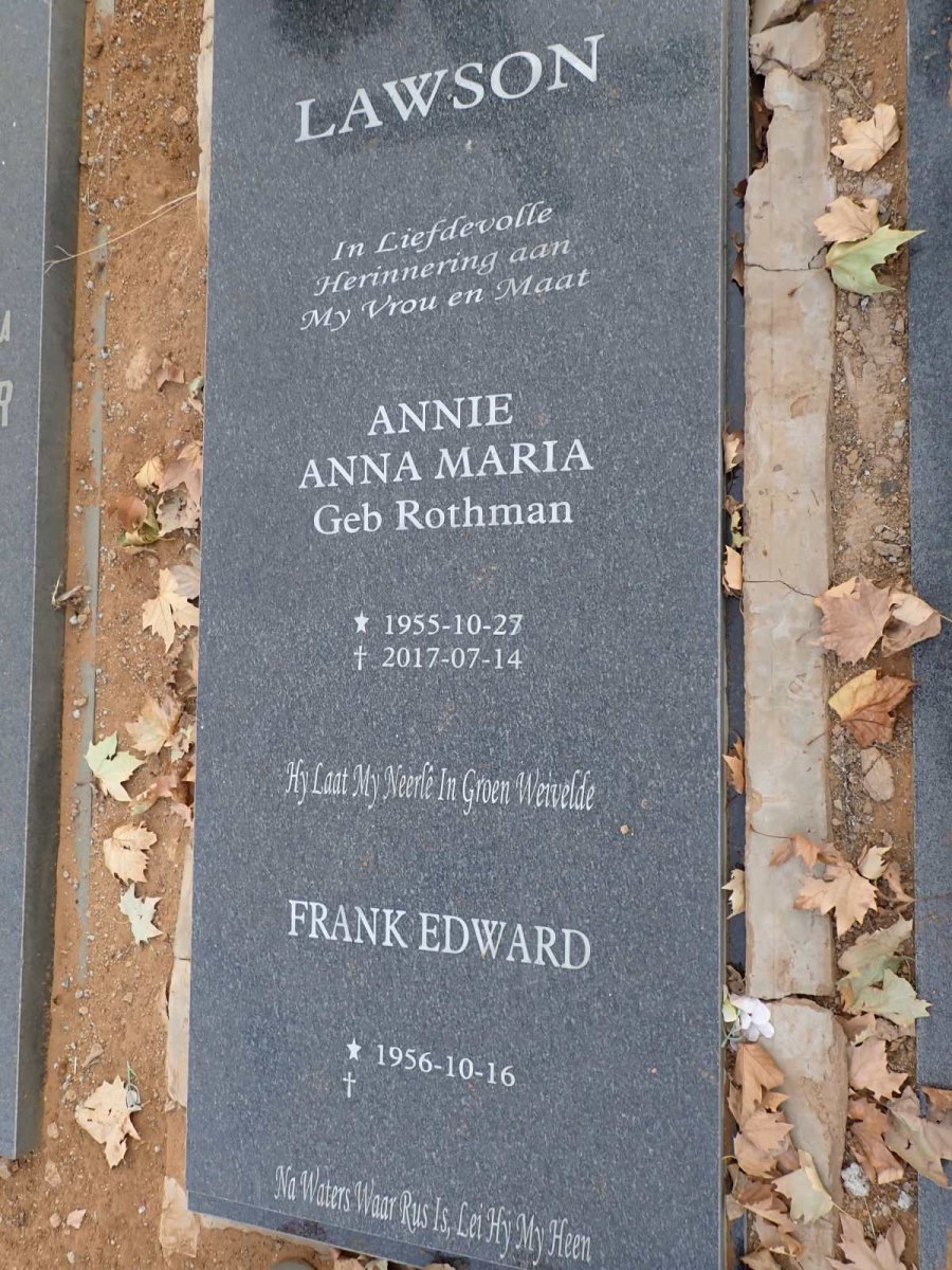 LAWSON Frank Edward 1956- & Annie Anna Maria ROTHMAN 1955-2017