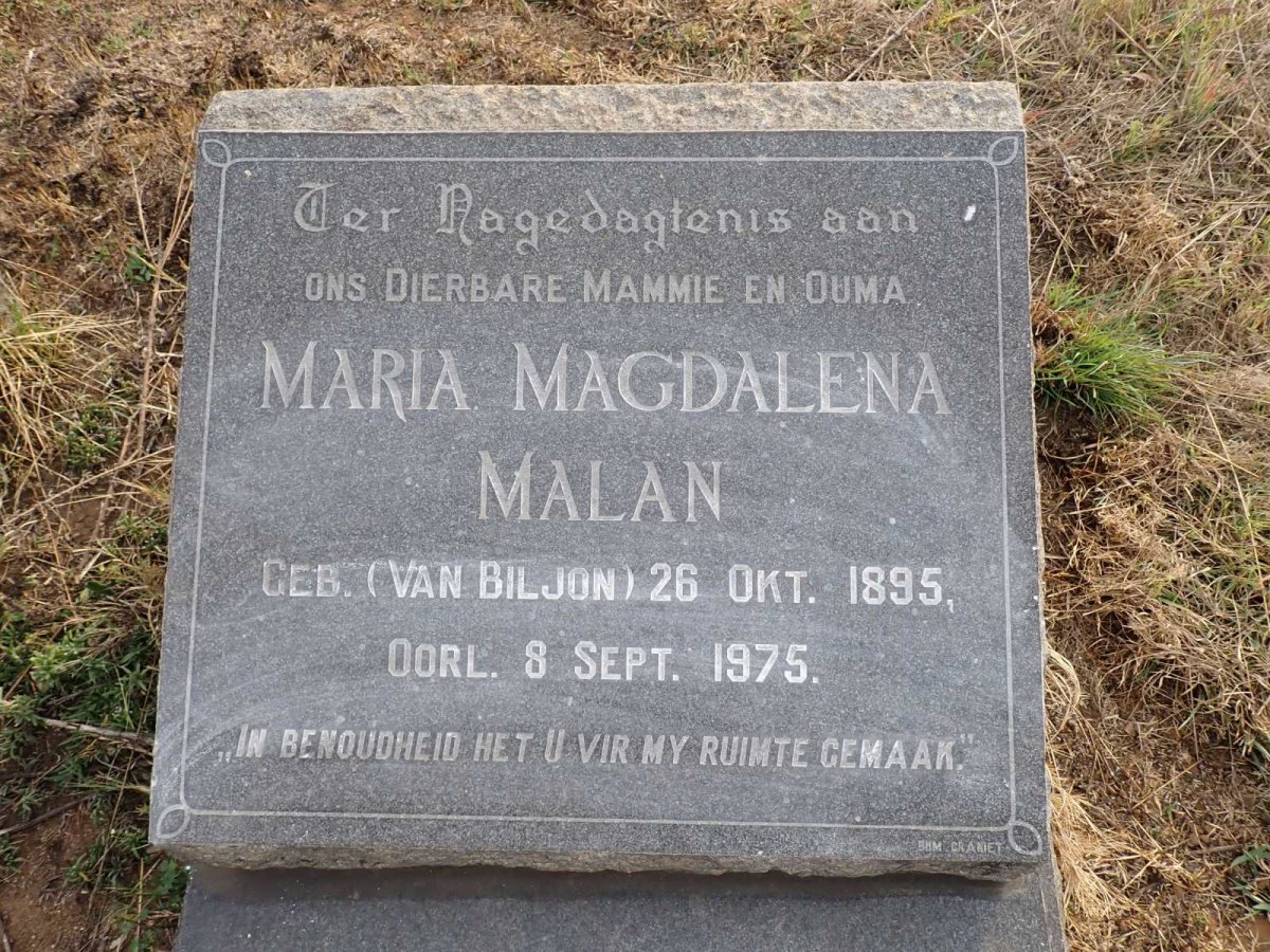 MALAN Maria Magdalena nee VAN BILJON 1895-1975