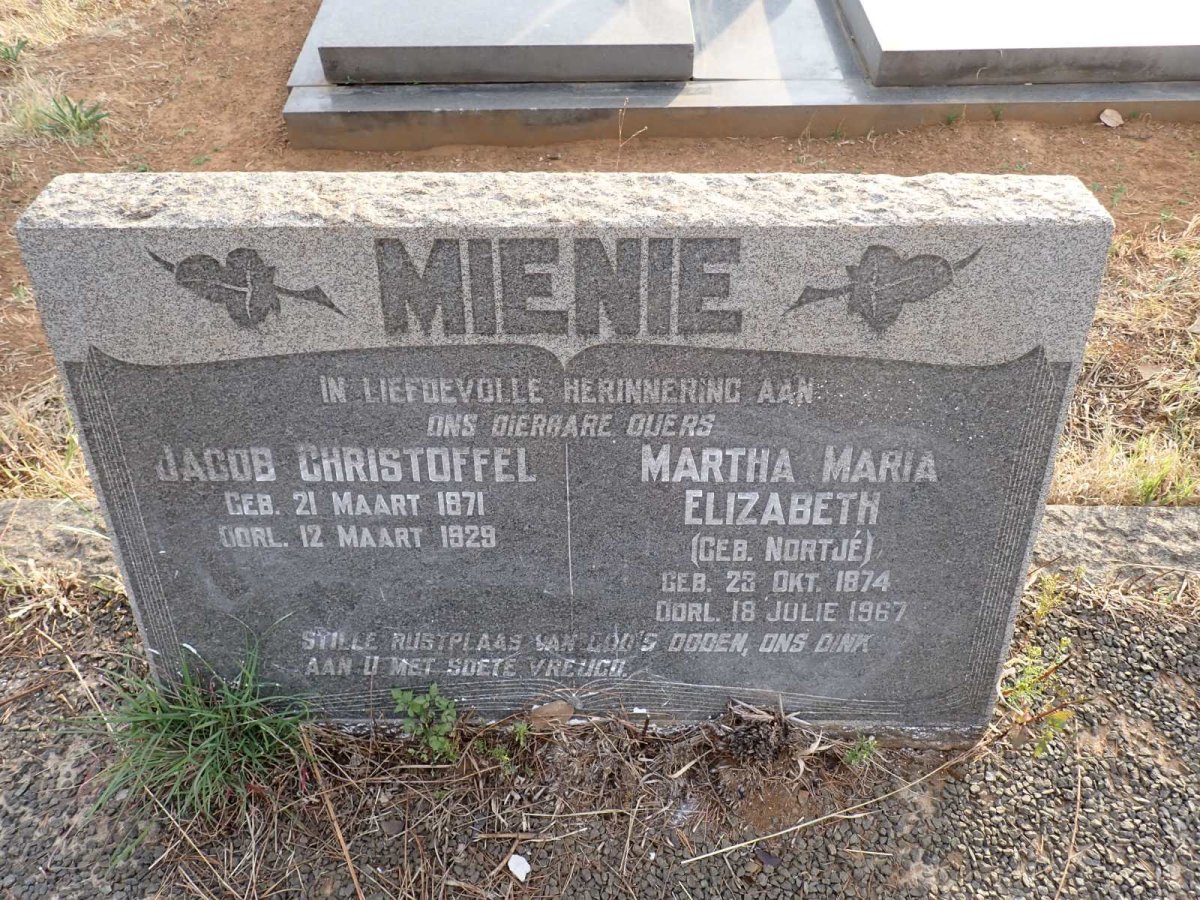 MIENIE Jacob Christoffel 1871-1929 & Martha Maria Elizabeth NORTJE 1874-1967
