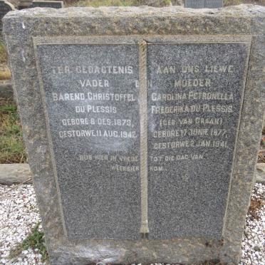 PLESSIS Barend Christoffel, du 1873-1942 & Carolina Petronella Frederika VAN GRAAN 1877-1941 