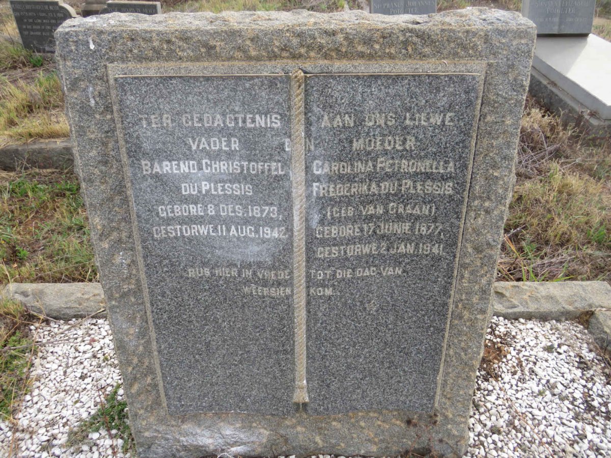 PLESSIS Barend Christoffel, du 1873-1942 & Carolina Petronella Frederika VAN GRAAN 1877-1941 